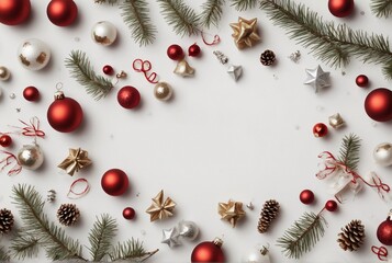 Christmas frame made of fir branches and  baubles on white background