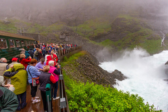 View of a waterfall on the Bergen Railway route from Myrdal to the town of Flam, Norway, Scandinavia, Europe