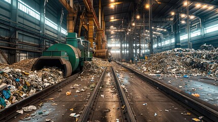 Obraz premium Inside a modern warehouse, where a large green wheel loader is loading waste into the funnel of a metal hopper. The loader is near a massive pile of mixed municipal solid waste, debris, and trash.