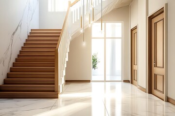 Wooden staircase and marble floor in minimalist interior design of modern entrance hall with glass door in the right side.  