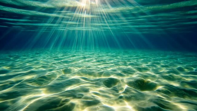Sunlight streams through the water, illuminating the sandy ocean floor