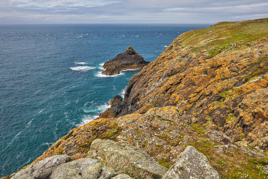 The cliffs at Skomer Head, on the west coast of Skomer Island, a nature reserve off the coast of Pembrokeshire, Wales, United Kingdom, Europe