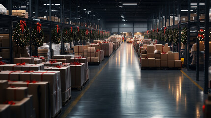 Obraz premium A holiday-themed warehouse buzzing with activity, where automated systems process stacks of Christmas gift packages with incredible efficiency. The decorations, including wreaths a