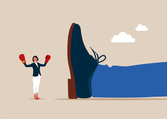 Rivalry against competitors to increase sales for victory. Businesswoman with boxing gloves on arms raised in victory stands near a giant woman leg falling down. Flat vector illustration © Vadym