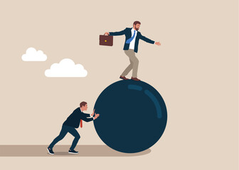 Two businessman rolling big sphere. Direction to victory. Winning strategy business concept. Effective achievement. Financial crisis. Risk management challenge. Flat vector illustration