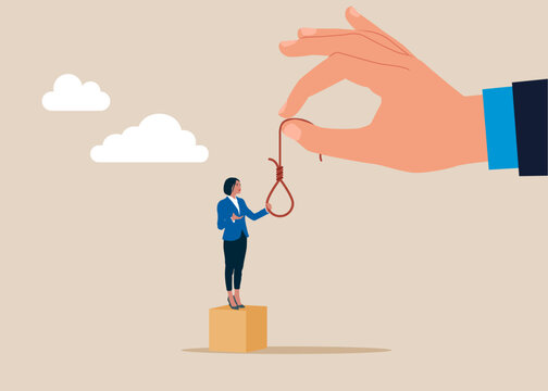 Investment risk or economic recession. Despairing businesswoman considering to commit suicide with hanging rope. Modern flat vector illustration