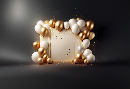 A blank white rectangle with a gold border sits in a dark room surrounded by white and gold balloons.