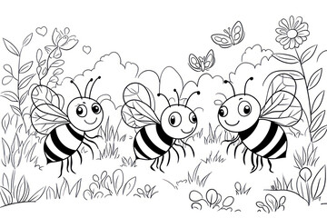 Bees, coloring page for kids, line art, black and white.