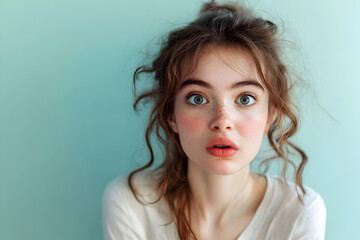 Naklejka premium Surprised Young Woman with Freckles and Bright Eyes