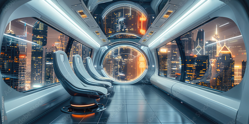 Aufkleber futuristic spaceship interior with two rows of seats on the left and right sides, large floor-to-cei