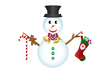 Muñeco de nieve sujetando artículos navideños