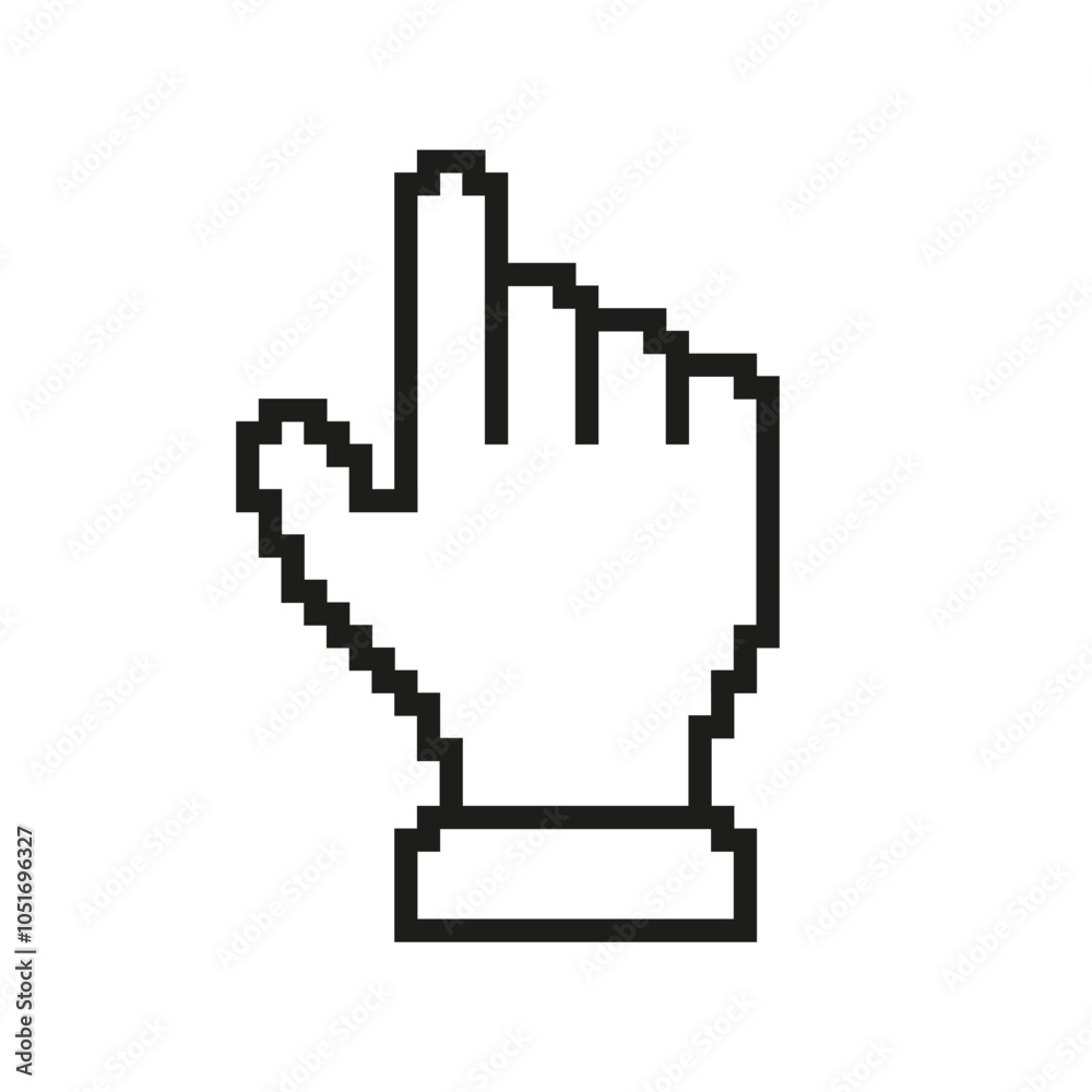 Poster pixelated hand cursor icon. pointing finger shape in pixel art style. interactive pointer symbol for