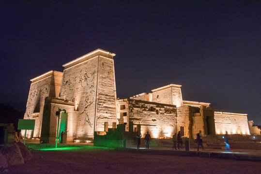 Sound and light show at the Temple of Philae, Temple of Isis, UNESCO World Heritage Site, Agilkia Island, Aswan, Egypt, North Africa, Africa