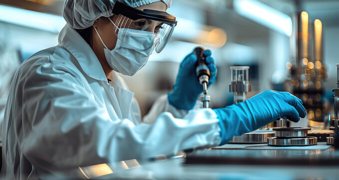 A person in protective gear, wearing blue gloves and a white coat, is working on parts for an advanced technology medical device on a table.