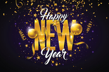 Happy new year illustration with golden typography lettering and Christmas ball on falling confetti