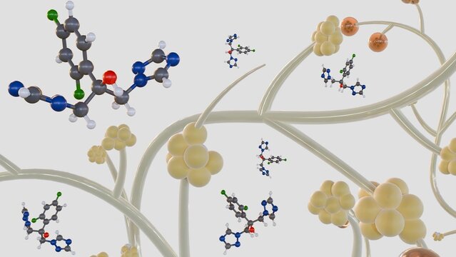 3d rendering of Fluconazole molecules, it is a medication used to treat and prevent fungal infections, that is commonly used to treat candidiasis, caused by Candida yeast