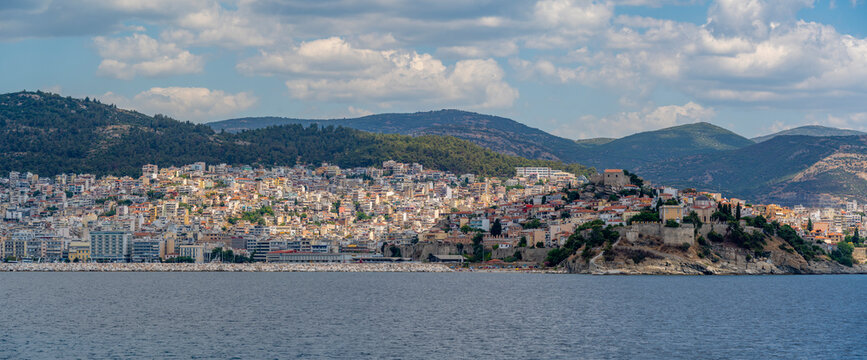 View of Kavala from ferry, Dimos Kavalas, Eastern Macedonia and Thrace, Gulf of Thasos, Gulf of Kavala, Thracian Sea, Greece, Europe