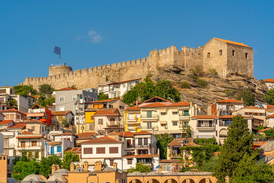 View of Kavala Fortress from ferry, Kavala, Dimos Kavalas, Eastern Macedonia and Thrace, Gulf of Thasos, Gulf of Kavala, Greece, Europe