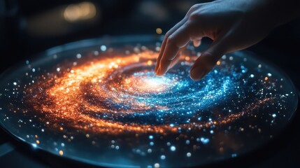 Obraz premium Colorful hologram of a galaxy spinning in mid-air.