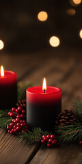 A close up shot of a burning red candle surrounded by pine boughs berries and a pinecone. The candle is the focal point and is glowing warmly against the dark background.
