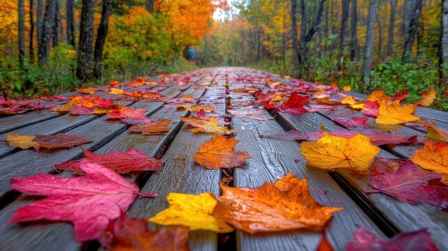 Colorful leaves on a wooden walkway