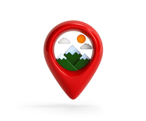 Red Location Icon for Mountain, Mountain climbing route to peak, hiking concept,Realistic 3d design...