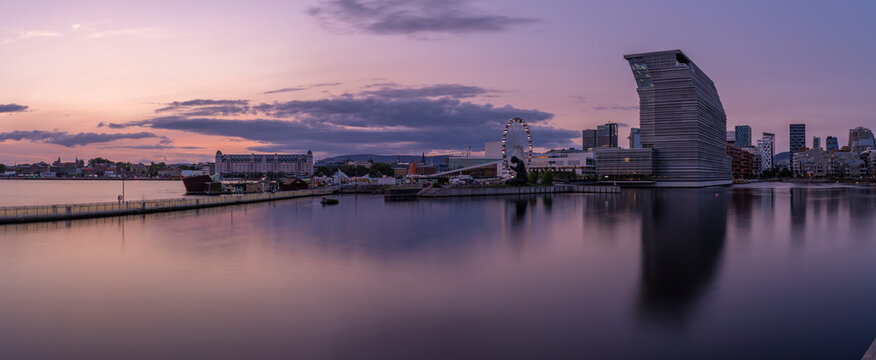 View of the Munch Museum and city skyline at dusk, Oslo, Norway, Scandinavia, Europe
