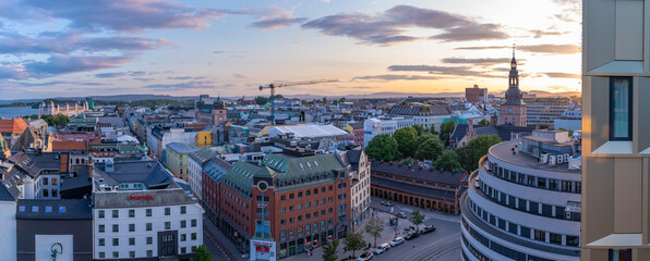 View of Oslo Cathedral and city skyline from elevated position at sunset, Oslo, Norway, Scandinavia, Europe