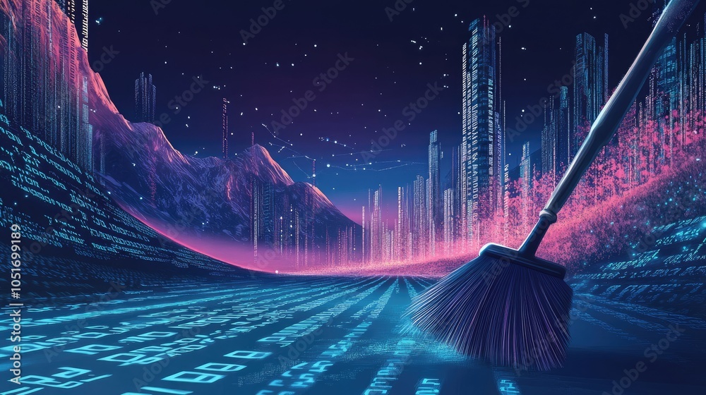 Poster A broom sweeping binary code in a digital landscape, illustrating the concept of data cleansing in a stylized, tech-inspired design
