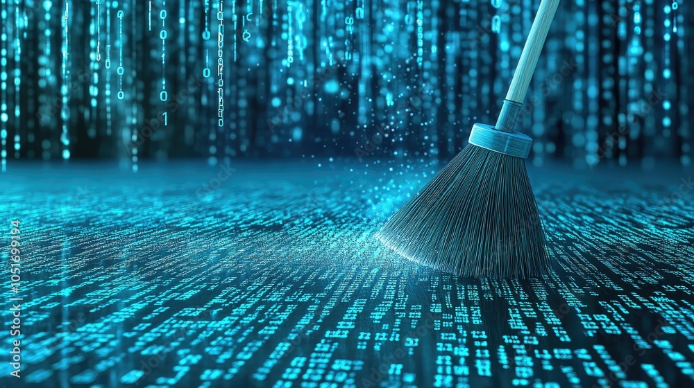 Poster A broom sweeping binary code in a digital landscape, illustrating the concept of data cleansing in a stylized, tech-inspired design
