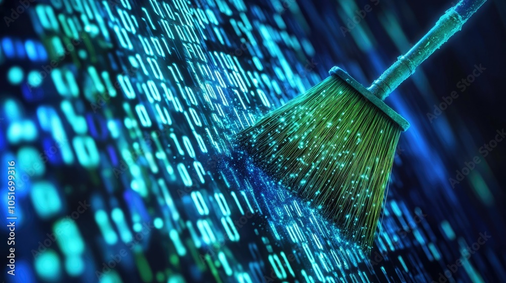 Poster Broom clearing binary code against a high-tech background, representing data cleansing in digital environments, bright and abstract design