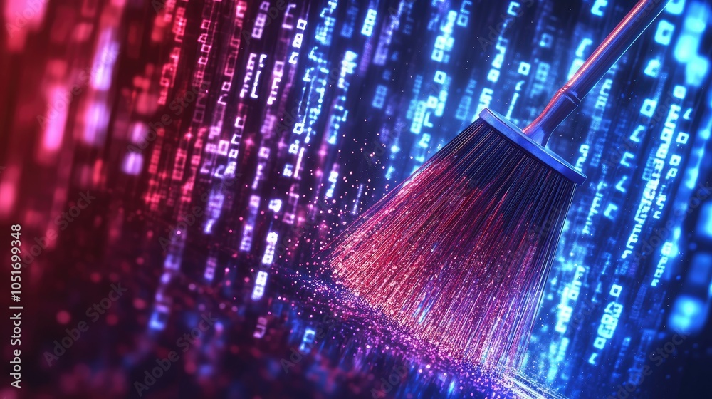 Poster Broom clearing binary code against a high-tech background, representing data cleansing in digital environments, bright and abstract design