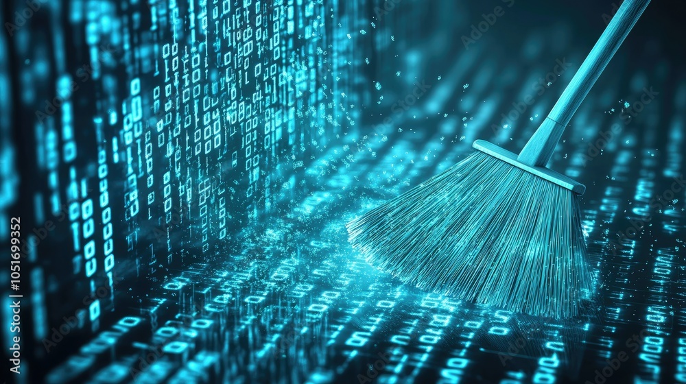 Poster Broom clearing binary code against a high-tech background, representing data cleansing in digital environments, bright and abstract design