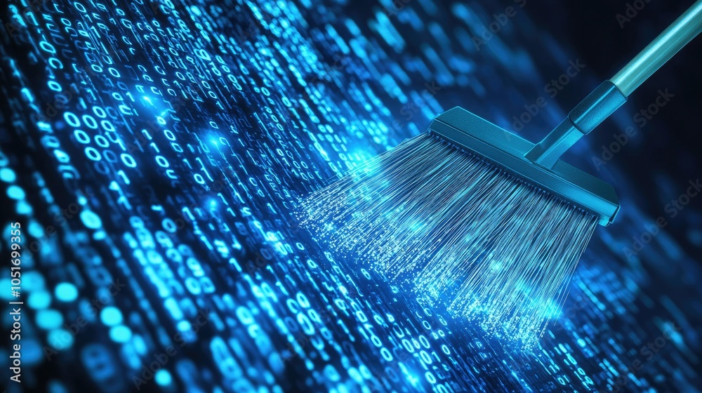 Poster Broom clearing binary code against a high-tech background, representing data cleansing in digital environments, bright and abstract design