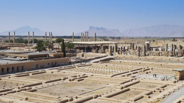 Aerial video shows desert landscape with ancient ruins, Ancient Persepolis, Iran