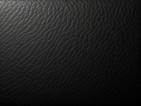 Close-up of black leather texture with detailed grain and natural creases, ideal for backgrounds and material design applications