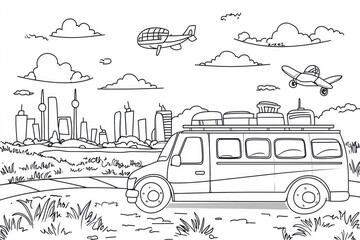 Transportation, coloring page for kids, line art, black and white.