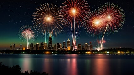 Bright Fireworks Explode in the Starry Night Sky, Filling the Darkness with Vivid Bursts of Color and Light in a Dazzling Show of Celebration and Joy, Capturing the Moment Perfectly