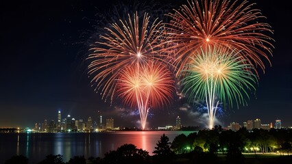 Majestic Fireworks Burst Against the Night Sky, Creating a Dazzling and Mesmerizing Display of Colors and Lights, Perfectly Capturing the Essence of a Festive Celebration