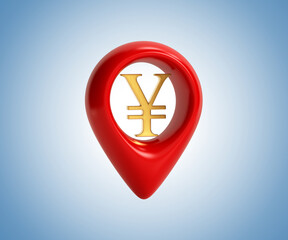 Fototapeta premium Place of settlement in Yen. GPS sales in Yen. Exchange office for Yeno. Yen search concept ! Icon isolated on blue background. 3d rendering. 3D illustration.