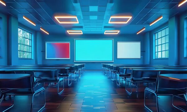 Modern classroom interior with blue lighting and empty desks ready for learning