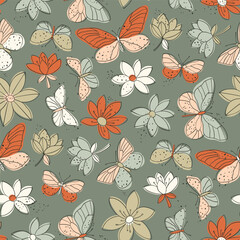 Seamless spring pattern with flowers and butterflies. Pattern for women's and children's fabric for spring or summer. Flat vector illustration.