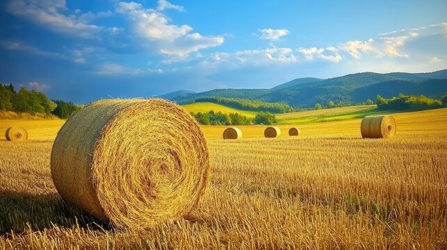 A vibrant summer landscape featuring golden hay bales in a freshly harvested field, showcasing the hard work and rewards of rural farming.