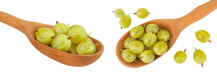 Green gooseberry in a wooden spoon isolated on white background . Top view. Flat lay.