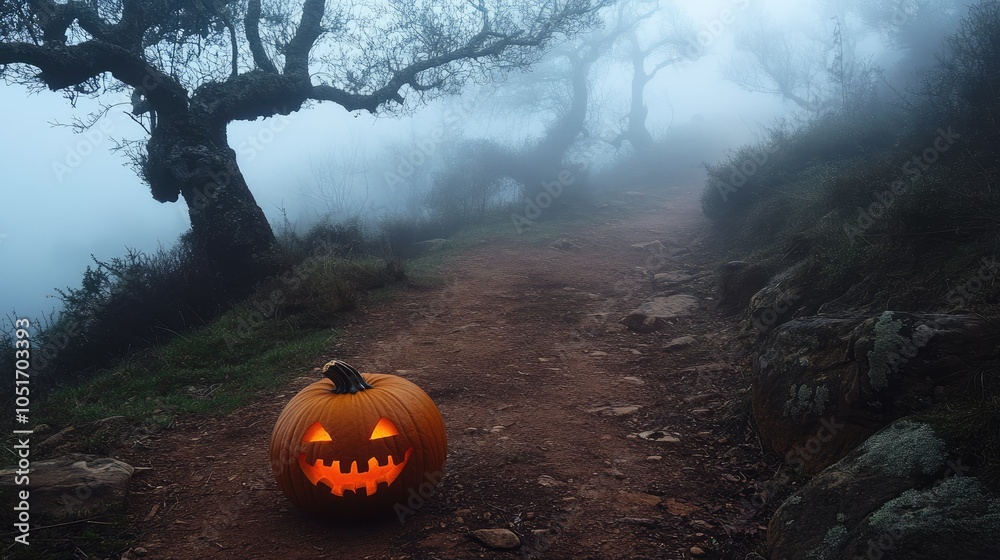 Poster carved pumpkin with haunting expression, placed on a dirt path surrounded by mist and spooky trees