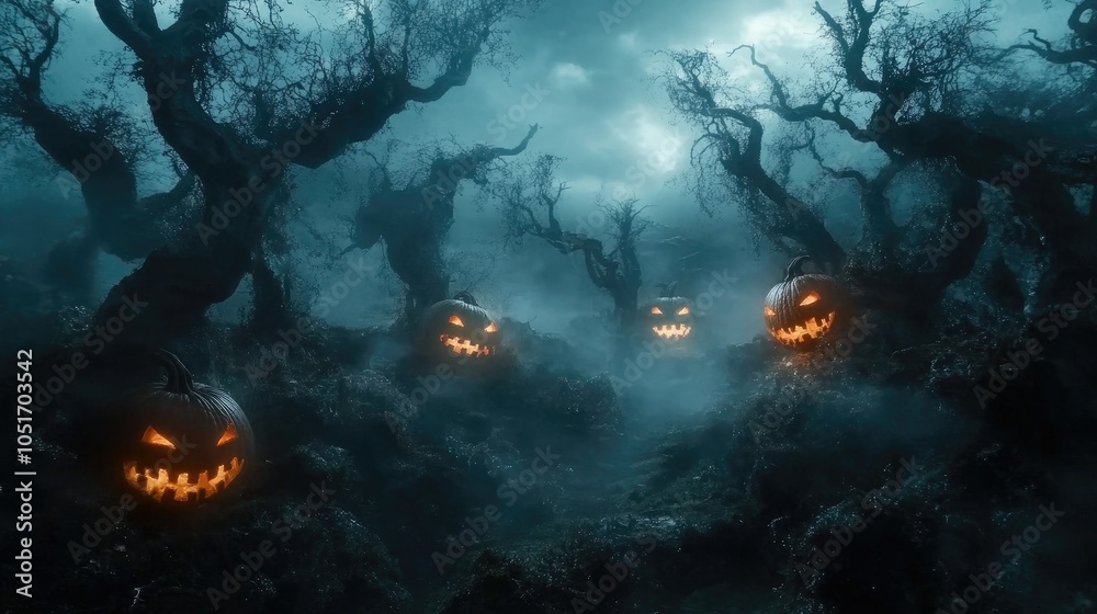 Poster dark, spooky landscape with jack-o-lanterns, surrounded by fog and shadows of twisted trees