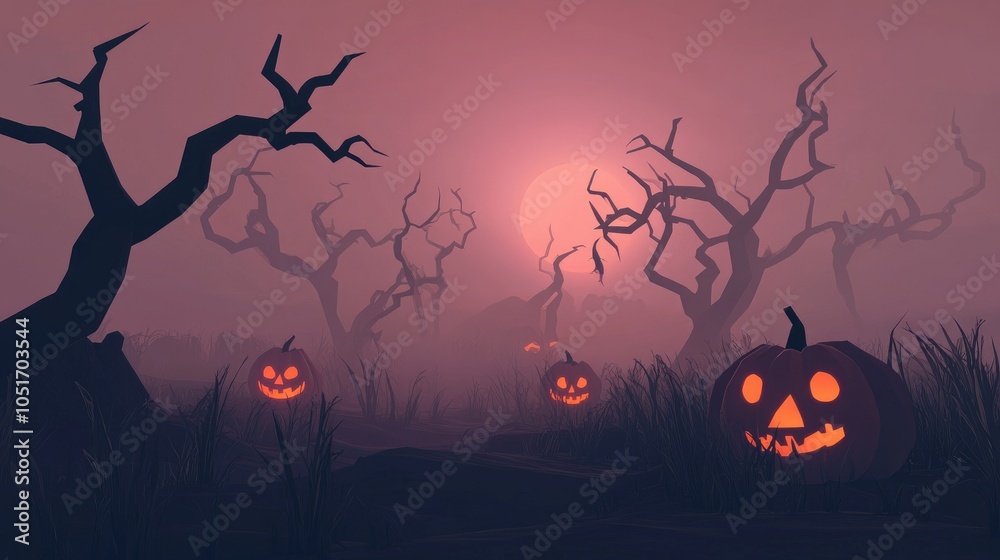 Poster dark, spooky landscape with jack-o-lanterns, surrounded by fog and shadows of twisted trees