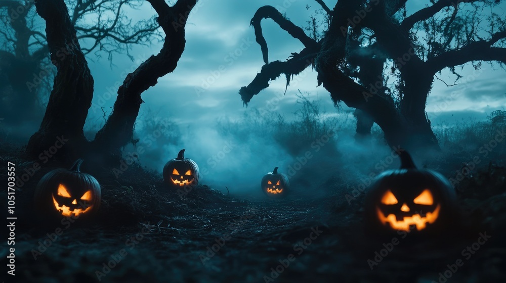 Poster dark, spooky landscape with jack-o-lanterns, surrounded by fog and shadows of twisted trees