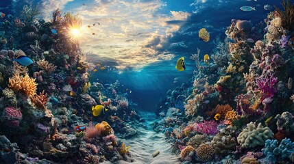 Obraz premium Vibrant Coral Reef Ecosystem in Panoramic View