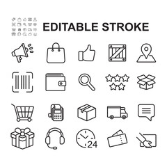 Fototapeta premium Collection of E-Commerce and Online shopping icons. Thin line vector. Contains icons such as package delivery, location sharing, shopping cart and many more.